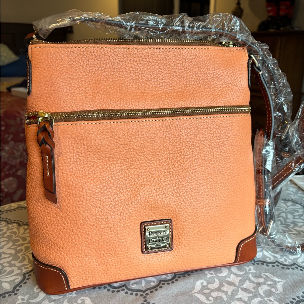 Dooney & Bourke Peach Pebbled Leather Crossbody with Brown Trim